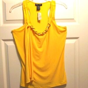 Womens Yellow Stretch Knit Tank Top Goldtone Chain Accent Streamers Size Small